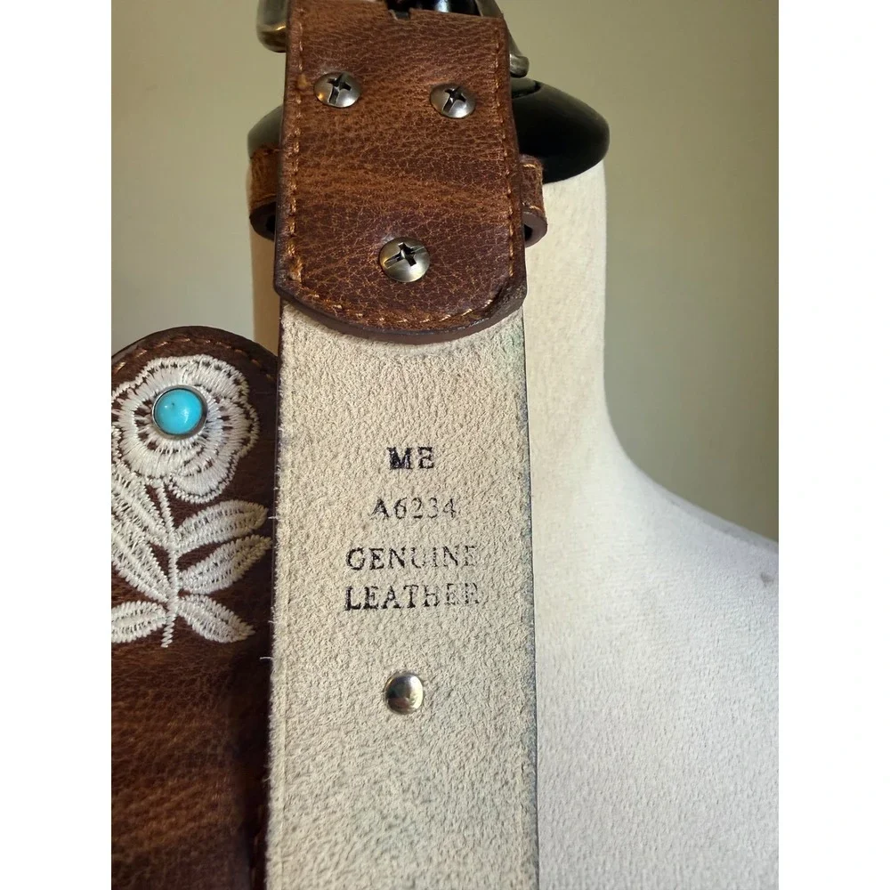 Western Brown Leather Floral Embroidered Belt Turquoise Stud boho cowgirl y2k